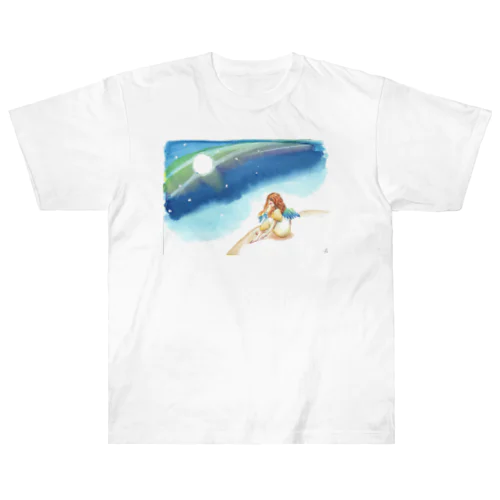 金色の星の上にいる天使と青い鳥 Heavyweight T-Shirt