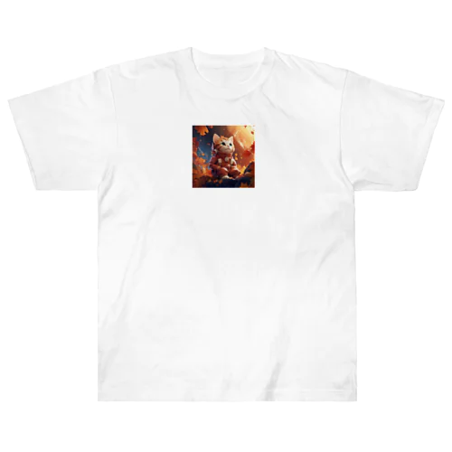🍁 宇宙猫の秋イラストグッズ 🍁 Heavyweight T-Shirt