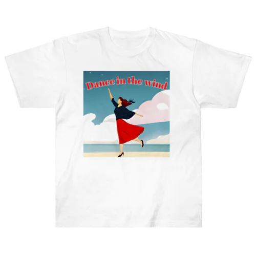 風に踊るかわいい女性 ヘビーウェイトTシャツ