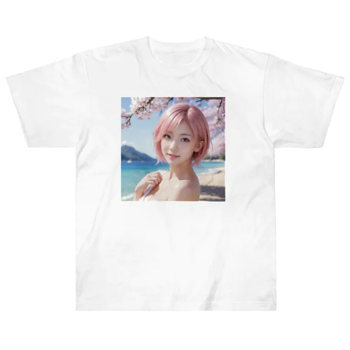 桜と青空と海とピンクの髪の女の子 Heavyweight T-Shirt