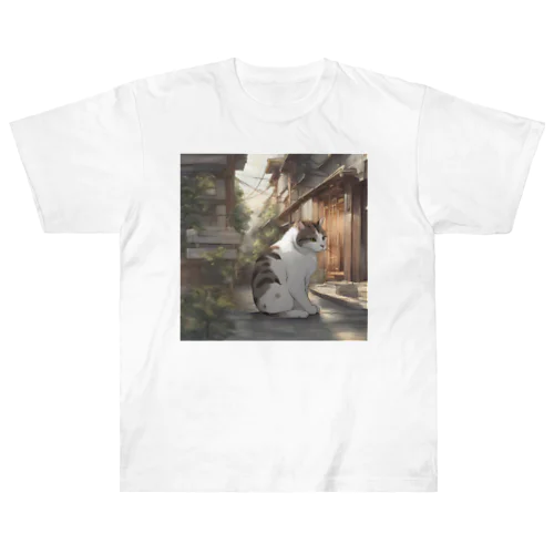 懐かしい雰囲気に包まれた猫のアートプリント ヘビーウェイトTシャツ