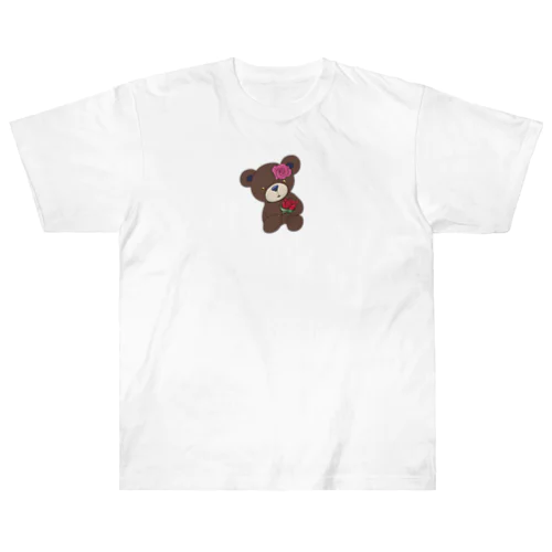 かわいい熊のバラ摘み ヘビーウェイトTシャツ