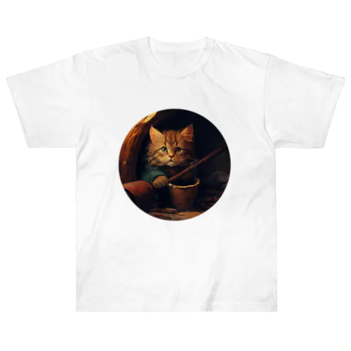 土管に住み着いた野良猫 ヘビーウェイトTシャツ