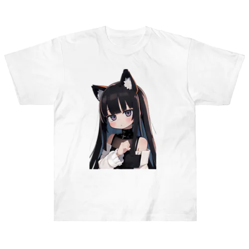 長い黒髪の愛らしい獣耳の少女 ヘビーウェイトTシャツ