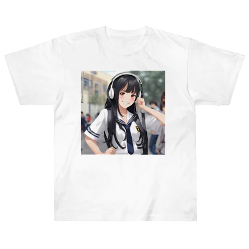 笑顔のセーラー服女子高生　ヘッドフォン ヘビーウェイトTシャツ