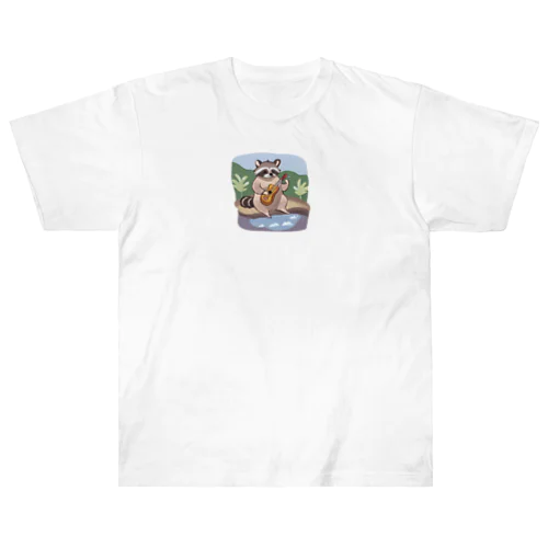 【大分県】タヌキが温泉地で湯につかりながら楽器を演奏する ヘビーウェイトTシャツ