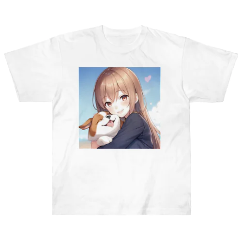 愛犬を抱きしめる少女 Heavyweight T-Shirt