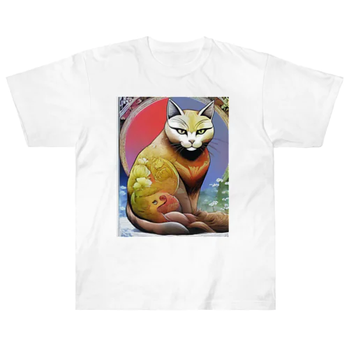 ねこあつめ 日本画風 可愛らしい猫たちのアートプリント Heavyweight T-Shirt