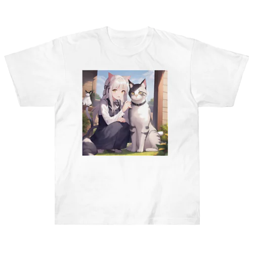 猫と猫耳少女 ヘビーウェイトTシャツ