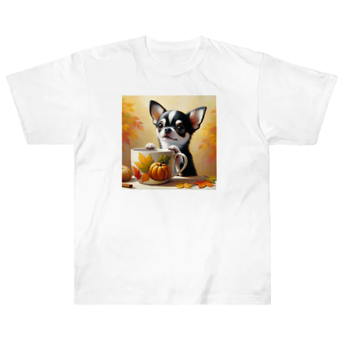 Autumn Curiosity: Chihuahua & Mug Magic 秋の好奇心: チワワとマグカップ ヘビーウェイトTシャツ