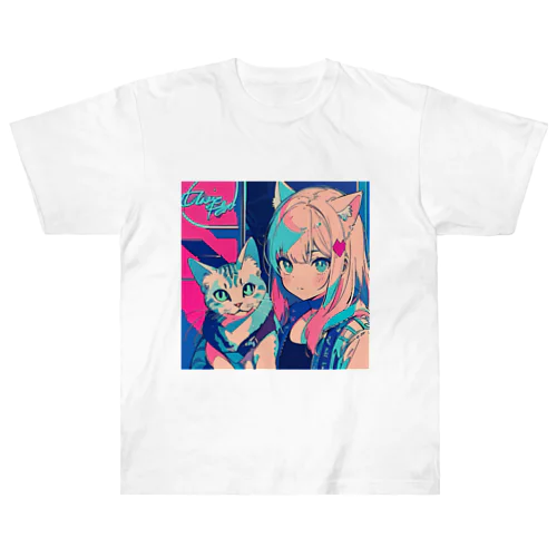 猫と猫耳の女の子 Heavyweight T-Shirt