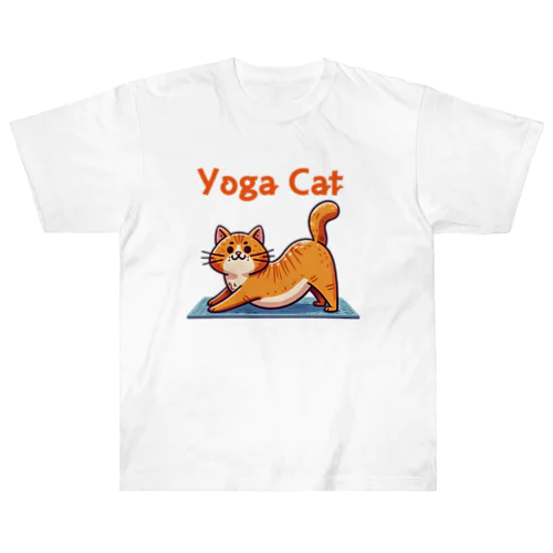 ヨガで猫のポーズ ヘビーウェイトTシャツ