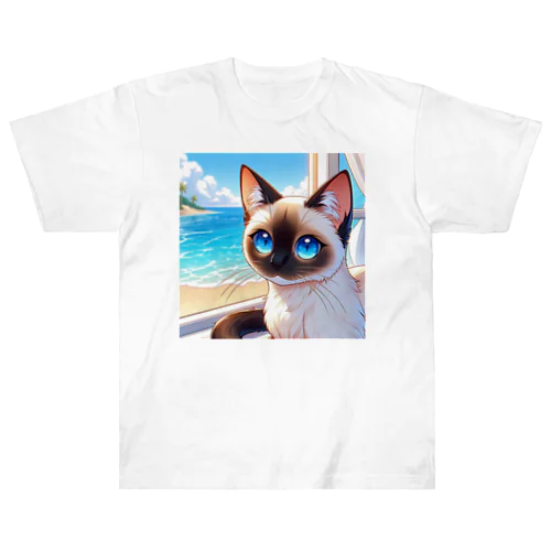 シャム猫のサファイヤ海に輝く Heavyweight T-Shirt