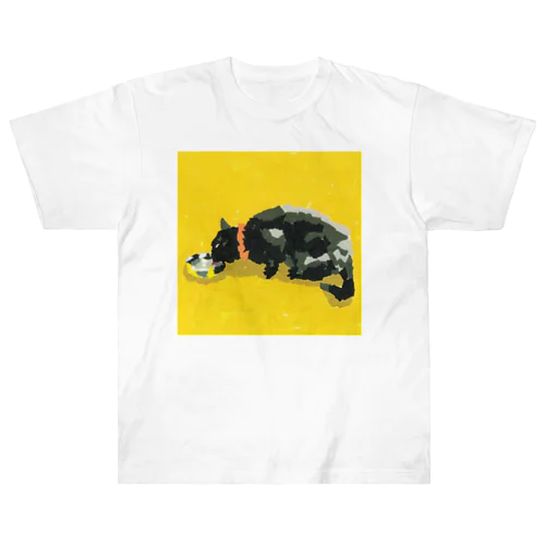 水飲む黒猫(ちぎり絵/貼り絵) ヘビーウェイトTシャツ