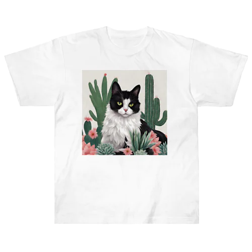 ハチワレ白黒猫とサボテン Heavyweight T-Shirt