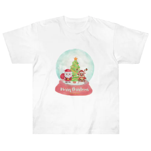 トナカイとサンタクロースのクリスマススノードーム ヘビーウェイトTシャツ