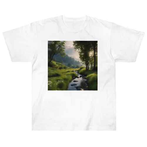 川と草原と山の風景 ヘビーウェイトTシャツ