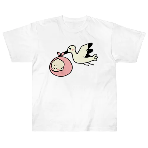 ベビーを運ぶコウノトリのイラスト ヘビーウェイトTシャツ