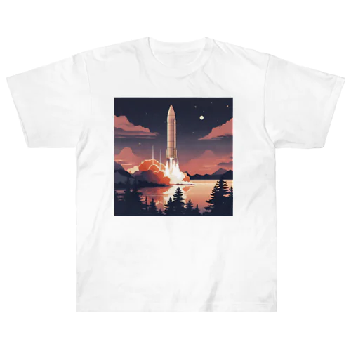 夕暮れに打ち上げられるロケット ヘビーウェイトTシャツ