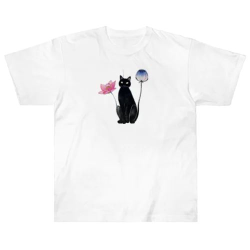 黒猫と花 ヘビーウェイトTシャツ