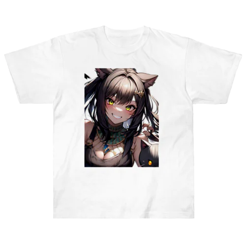 休日に遊びに来た猫女 ヘビーウェイトTシャツ