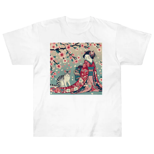 和風cat 見返り桜 Heavyweight T-Shirt