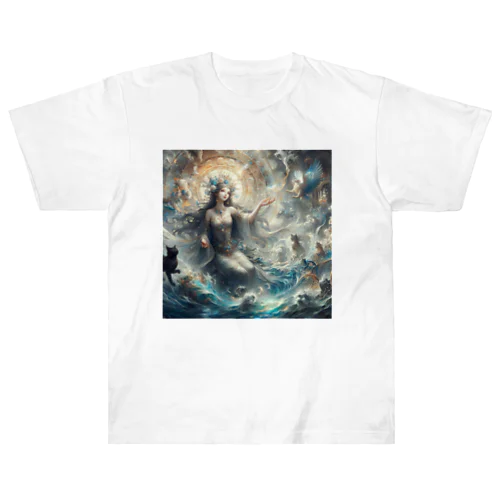 水の女神と猫 ヘビーウェイトTシャツ