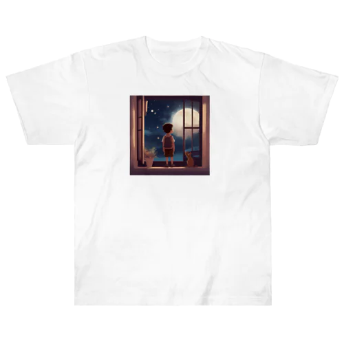 窓の中に立つ少年が、深い夜空を見つめている。 ヘビーウェイトTシャツ