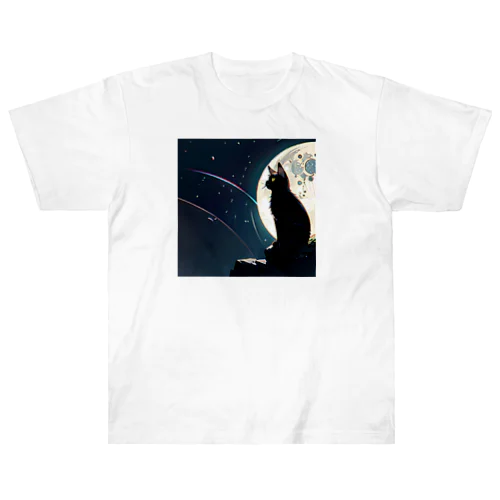 月夜を眺める黒猫 ヘビーウェイトTシャツ