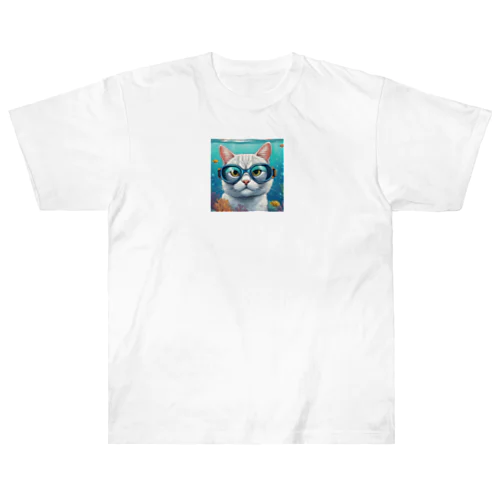 水中ゴーグルを着ける猫 ヘビーウェイトTシャツ