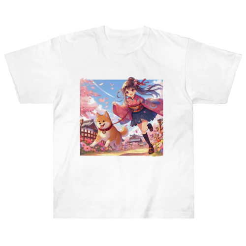 桜の中を犬と走る女の子 Heavyweight T-Shirt