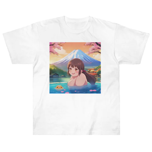 富士山絶景にある露天風呂のかわいい女の子 Heavyweight T-Shirt