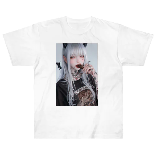 チョコを咥える悪魔美女 ヘビーウェイトTシャツ