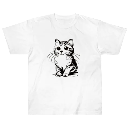 一筆書きで描かれたかわいい猫のイラスト ヘビーウェイトTシャツ