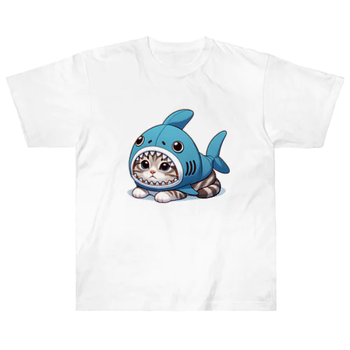 サメのフードを被った可愛らしい子猫 ヘビーウェイトTシャツ