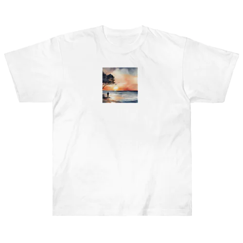 夕日に染まる海を背 Heavyweight T-Shirt