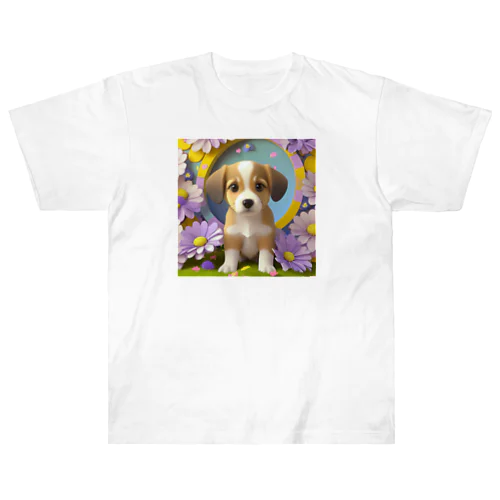 陽気な子犬と春の花々 Heavyweight T-Shirt