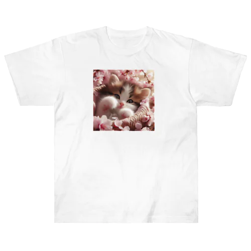 桜と子猫 ヘビーウェイトTシャツ