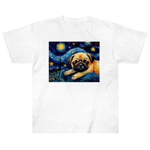 【星降る夜 - パグ犬の子犬 No.3】 Heavyweight T-Shirt