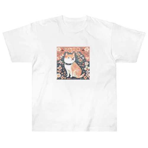 日本画風、柴犬と桜-Japanese-style painting of a Shiba Inu with cherry blossoms ヘビーウェイトTシャツ