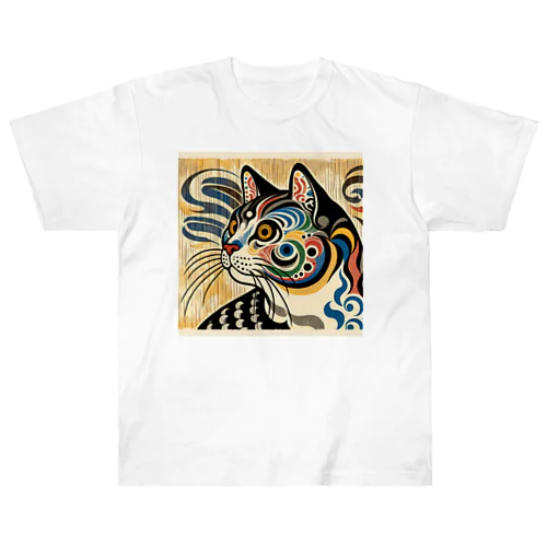 浮世絵風　猫（顔）"Ukiyo-e Style Cat (Face)"  "浮世绘风格的猫（脸）" ヘビーウェイトTシャツ