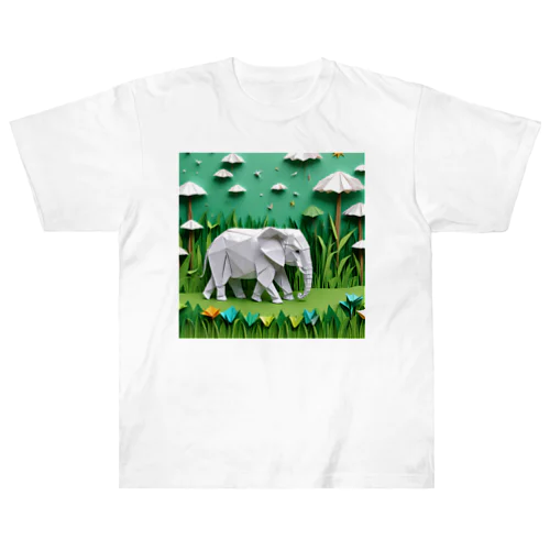 雨上がりの草原で、宝物を探すゾウ ヘビーウェイトTシャツ