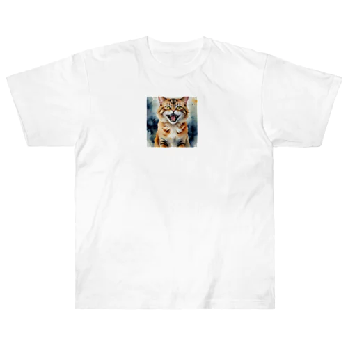 怒った猫の表情が鮮やかに描かれた水彩画 Heavyweight T-Shirt