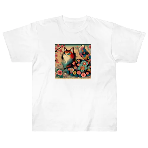 浮世絵風　カラフル猫「Ukiyo-e-style Colorful Cat」「浮世绘风格的多彩猫」 ヘビーウェイトTシャツ