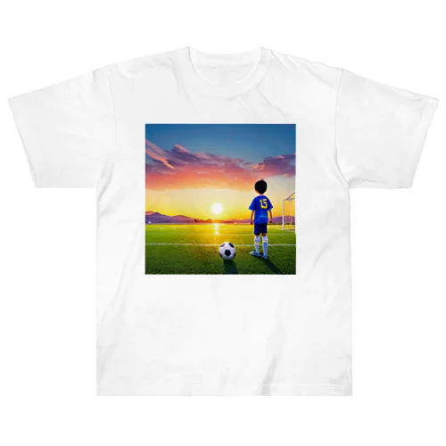 夕日とサッカー少年 ヘビーウェイトTシャツ