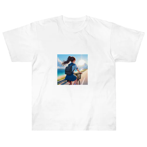 海岸沿いの風、自転車を漕ぐ女の子 Heavyweight T-Shirt