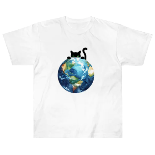 地球と黒猫 ヘビーウェイトTシャツ