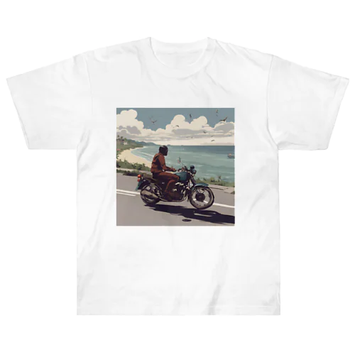 自由への旅路 - 海岸沿いのバイクライド ヘビーウェイトTシャツ