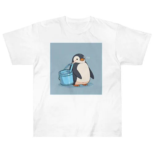 かわいいペンギンとおもちゃのバケツ ヘビーウェイトTシャツ