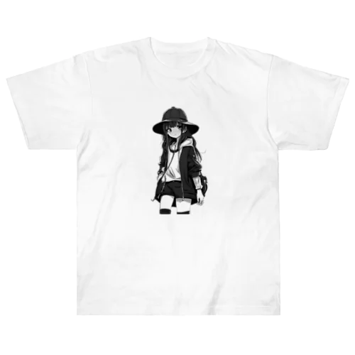 悲しみ美少女モノクロ ヘビーウェイトTシャツ